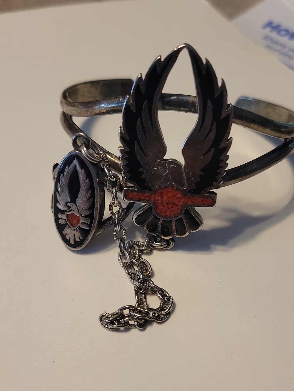 Vintage Silver Eagle Cuff Bracelet with Ring  Orange Stones Accent